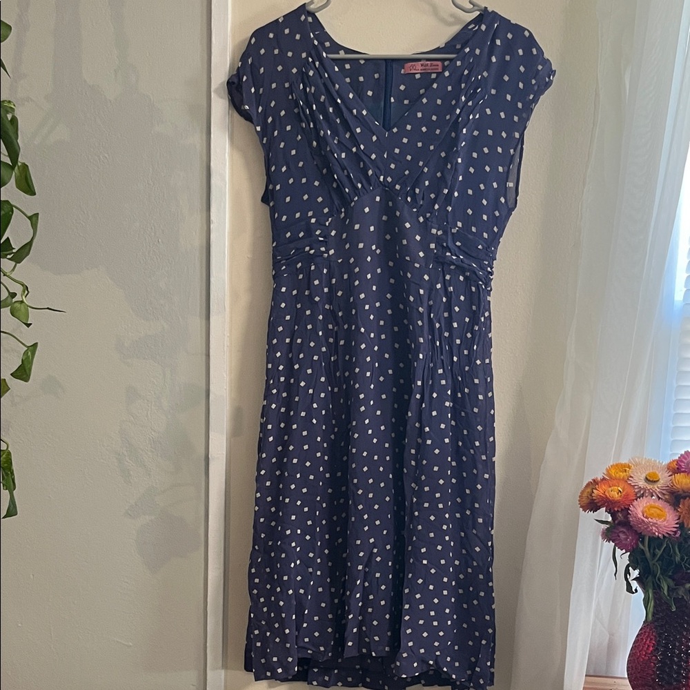 Elegant Navy Patterned Silk Midi Dress